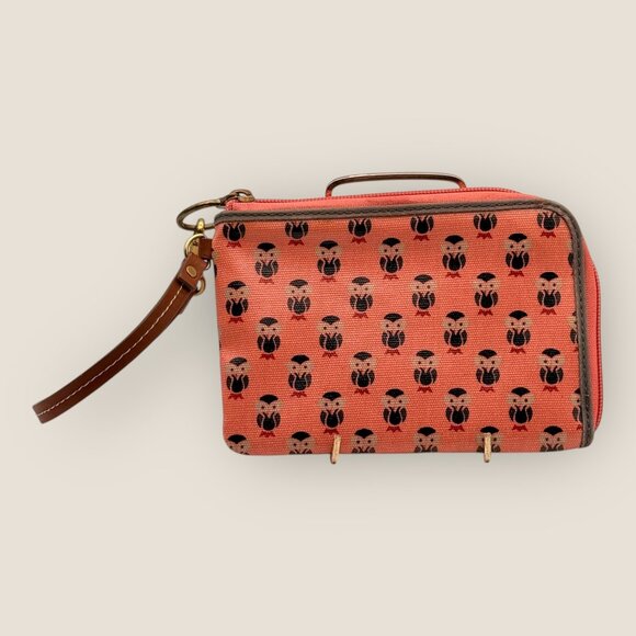 Fossil Coral Pink Owl Print Zip Around Wristlet Wallet Strap Multiple Card Slots - Picture 2 of 5